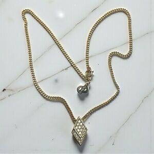 Vintage Christian Dior Gold Crystal Diamond Shape Pendant CD Necklace